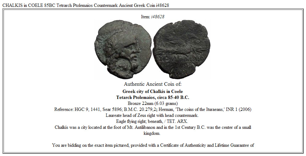 CHALKIS in COELE 85BC Tetrarch Ptolemaios Countermark Ancient Greek Coin i48628