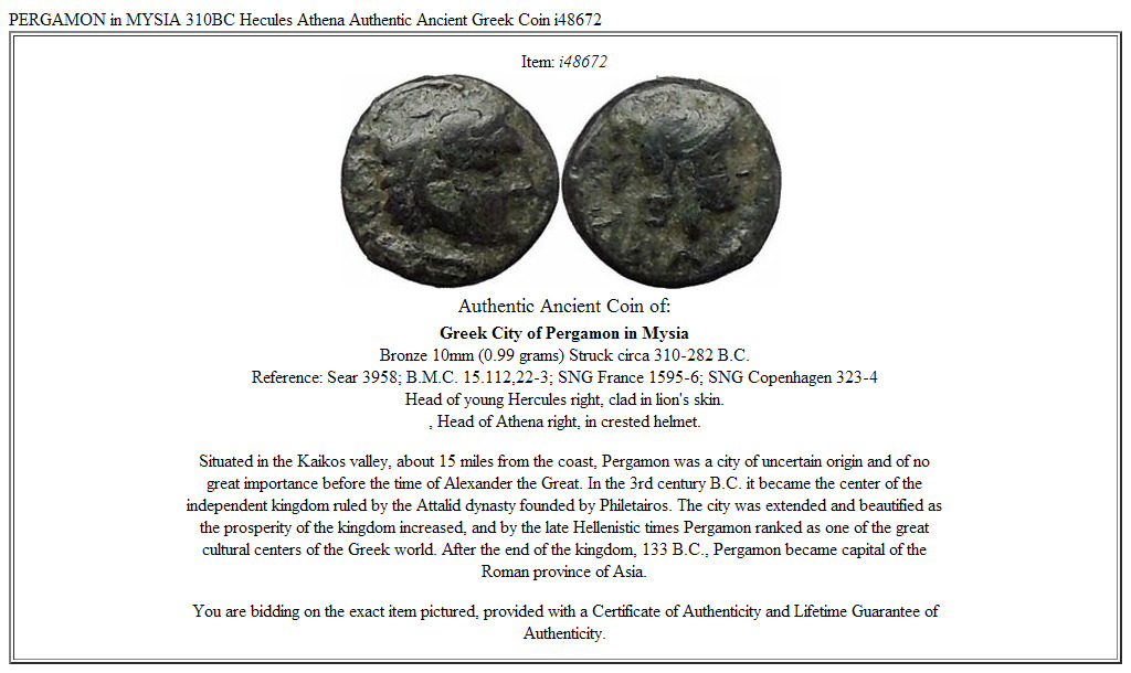 PERGAMON in MYSIA 310BC Hecules Athena Authentic Ancient Greek Coin i48672