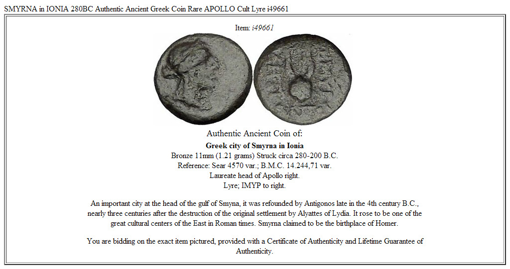 SMYRNA in IONIA 280BC Authentic Ancient Greek Coin Rare APOLLO Cult Lyre i49661