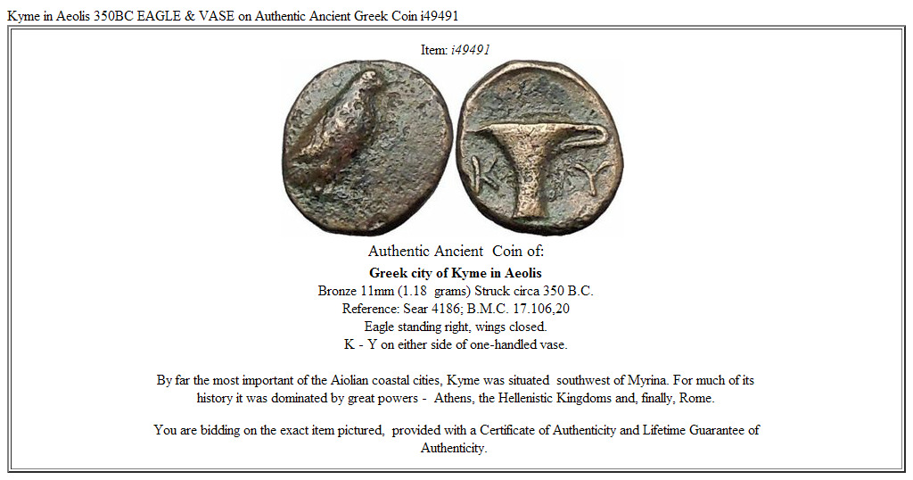 Kyme in Aeolis 350BC EAGLE & VASE on Authentic Ancient Greek Coin i49491