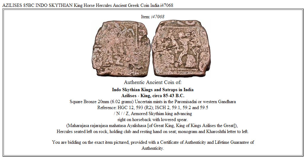 AZILISES 85BC INDO SKYTHIAN King Horse Hercules Ancient Greek Coin India i47068