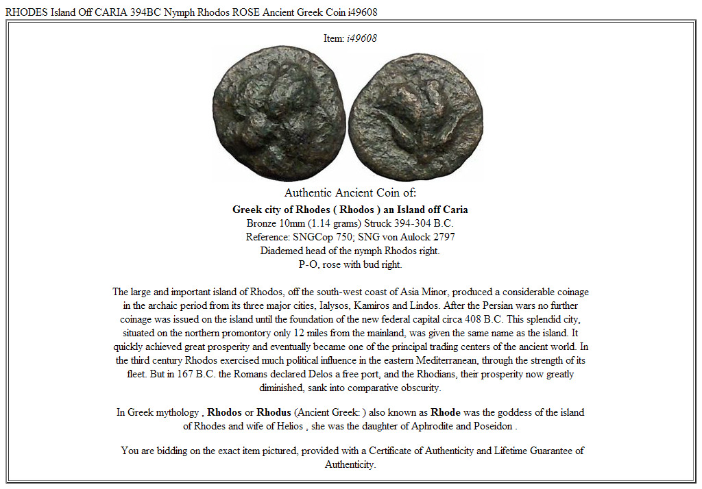 RHODES Island Off CARIA 394BC Nymph Rhodos ROSE Ancient Greek Coin i49608