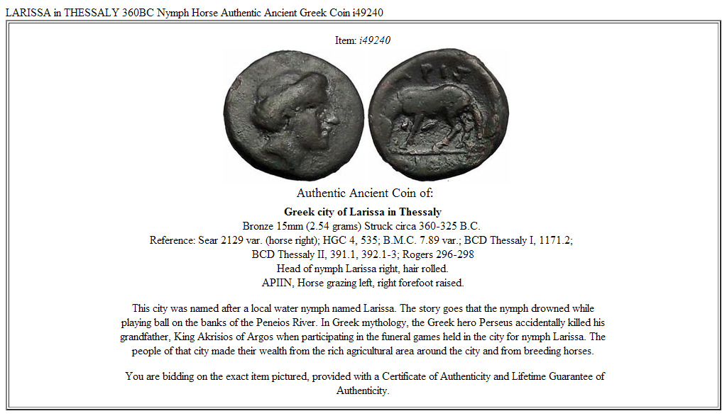 LARISSA in THESSALY 360BC Nymph Horse Authentic Ancient Greek Coin i49240