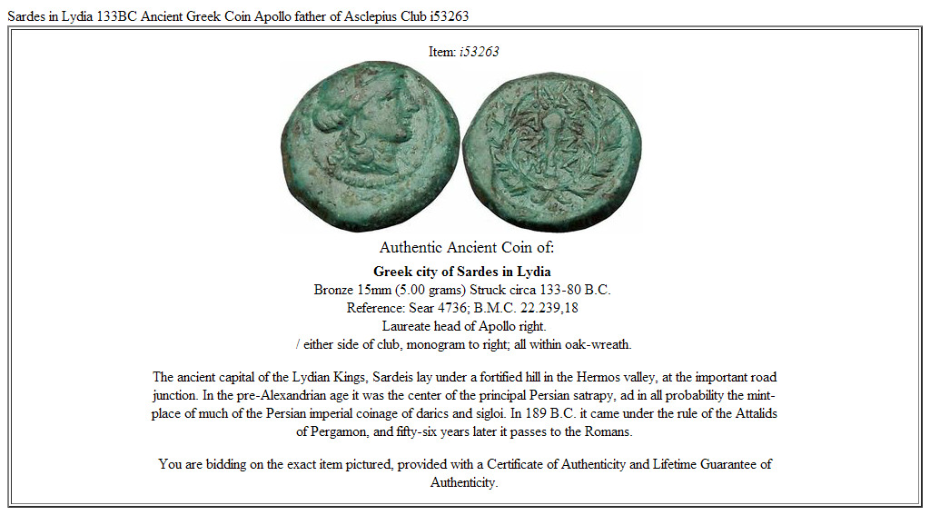 Sardes in Lydia 133BC Ancient Greek Coin Apollo father of Asclepius Club i53263