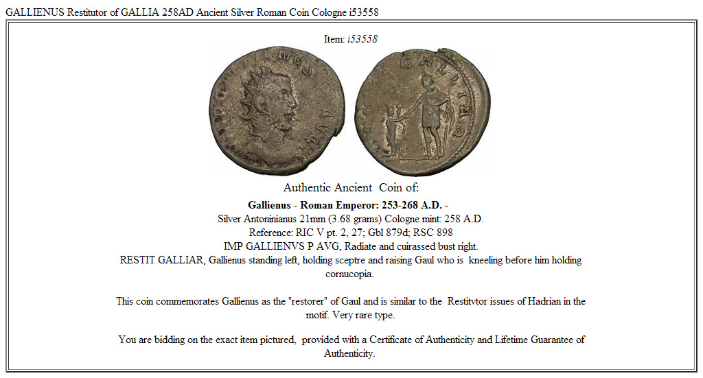 GALLIENUS Restitutor of GALLIA 258AD Ancient Silver Roman Coin Cologne i53558