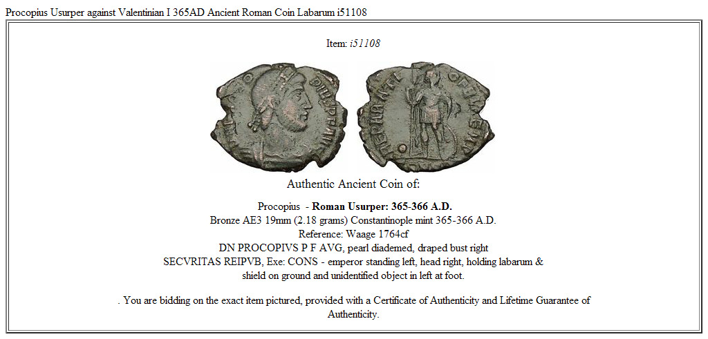 Procopius Usurper against Valentinian I 365AD Ancient Roman Coin Labarum i51108