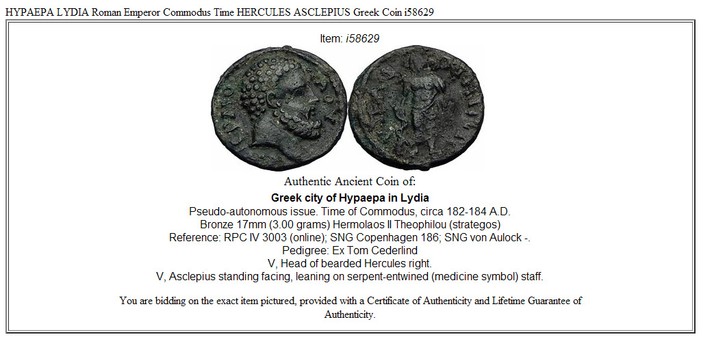 HYPAEPA LYDIA Roman Emperor Commodus Time HERCULES ASCLEPIUS Greek Coin i58629