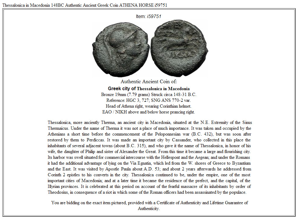 Thessalonica in Macedonia 148BC Authentic Ancient Greek Coin ATHENA HORSE i59751