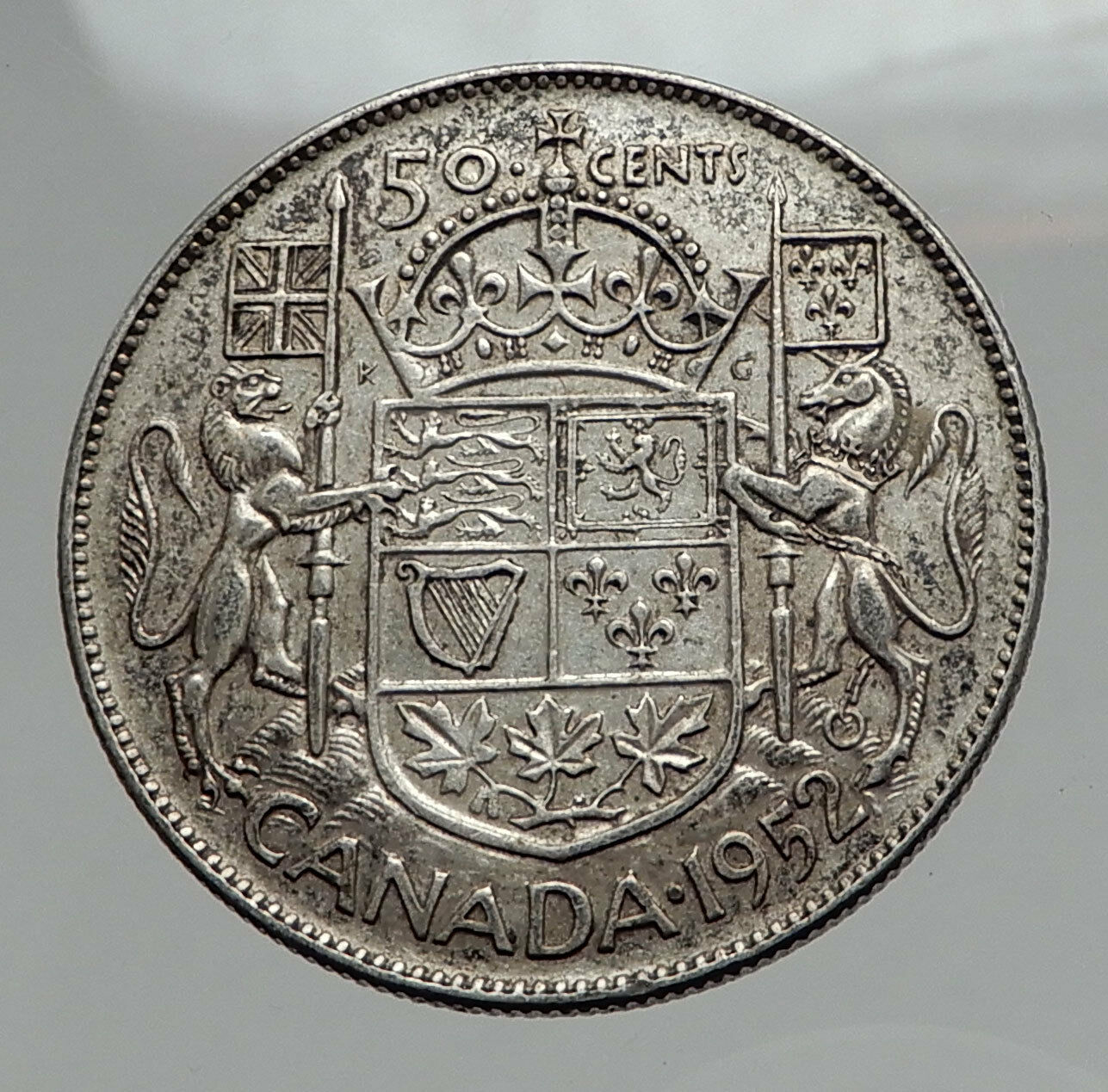 1951 CANADA - Large SILVER 50 Cents Coin - UK King GEORGE VI Coat-of-Arms i62877