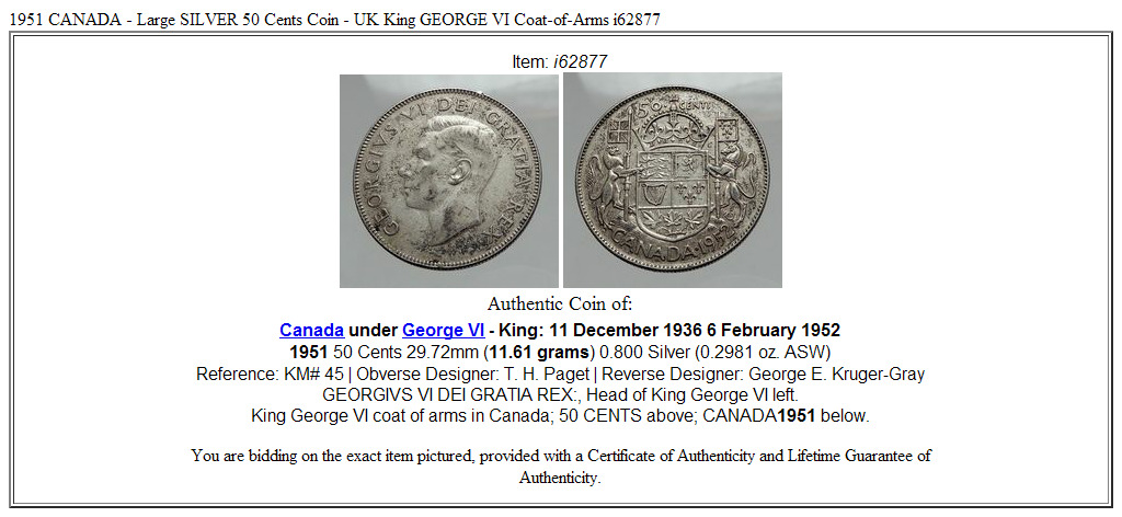 1951 CANADA - Large SILVER 50 Cents Coin - UK King GEORGE VI Coat-of-Arms i62877