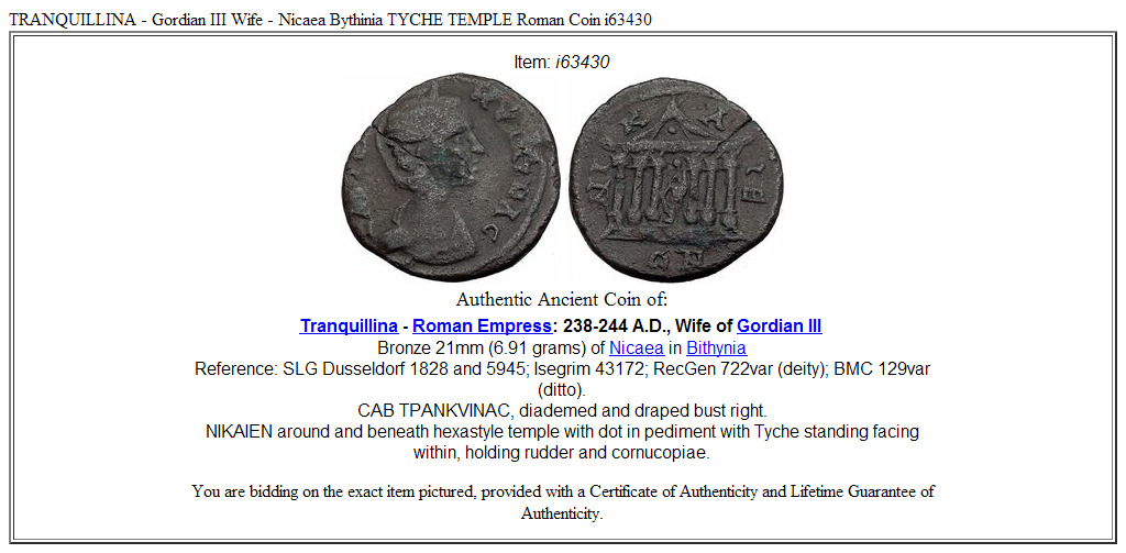 TRANQUILLINA - Gordian III Wife - Nicaea Bythinia TYCHE TEMPLE Roman Coin i63430