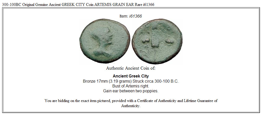 300-100BC Original Genuine Ancient GREEK CITY Coin ARTEMIS GRAIN EAR Rare i61366