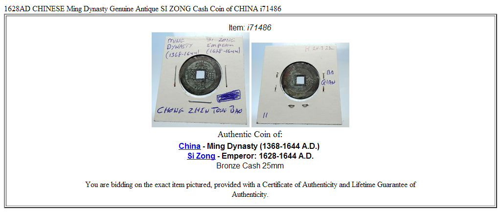 1628AD CHINESE Ming Dynasty Genuine Antique SI ZONG Cash Coin of CHINA i71486