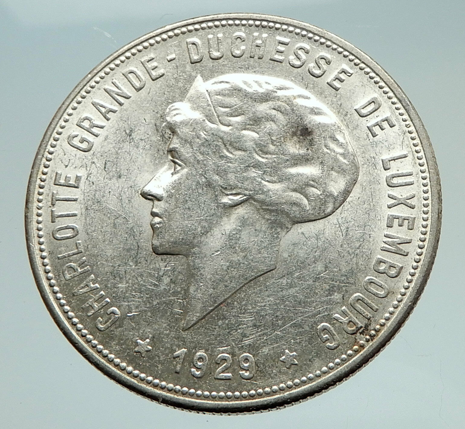 1929 LUXEMBOURG w Grand Dutchess Charlotte Antique Silver 10 Francs Coin i74758