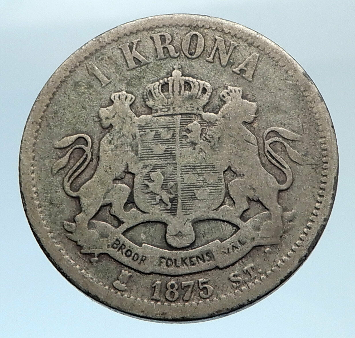 1875 ST SWEDEN King Oscar II Shield Old Antique Silver Krona SWEDISH Coin i74314