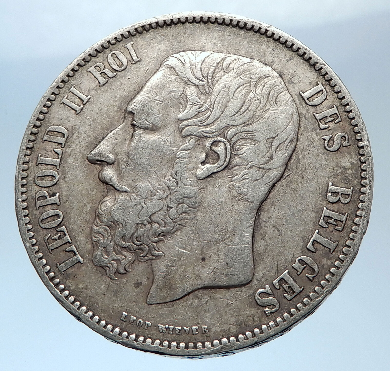 1873 BELGIUM Antique Silver 5 Francs Coin of King LEOPOLD II w LION i73974