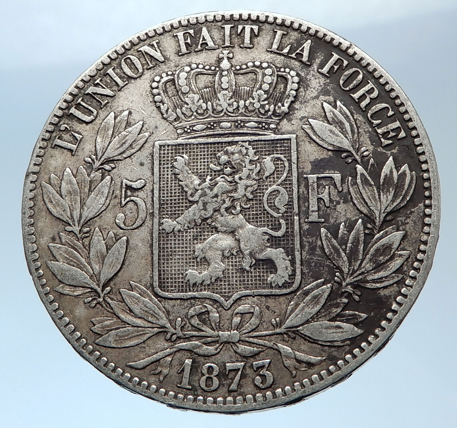 1873 BELGIUM Antique Silver 5 Francs Coin of King LEOPOLD II w LION i73974