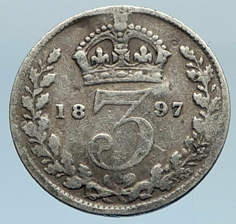 1897 UK Great Britain United Kingdom QUEEN VICTORIA 3 Pence Silver Coin i74317