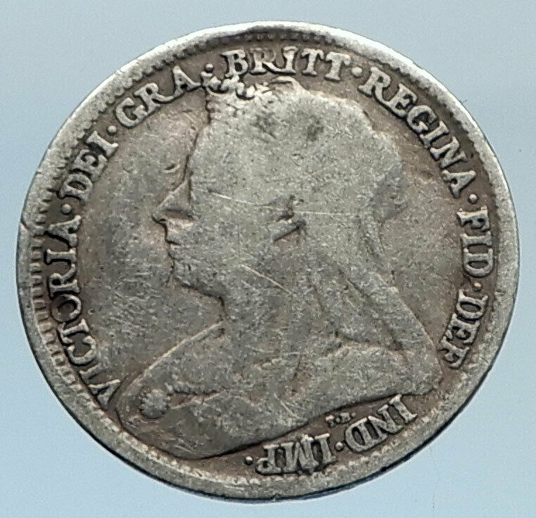 1897 UK Great Britain United Kingdom QUEEN VICTORIA 3 Pence Silver Coin i74317