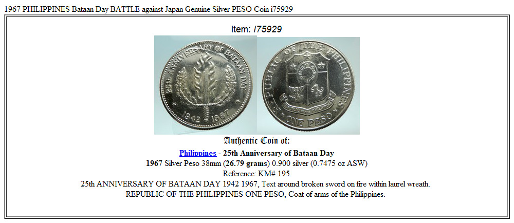 1967 PHILIPPINES Bataan Day BATTLE against Japan Genuine Silver PESO Coin i75929