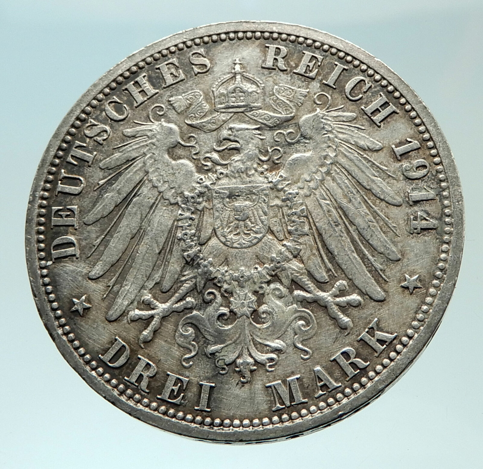 1914 PRUSSIA KINGDOM Germany WILHELM II Genuine Silver 3 Mark German Coin i75945