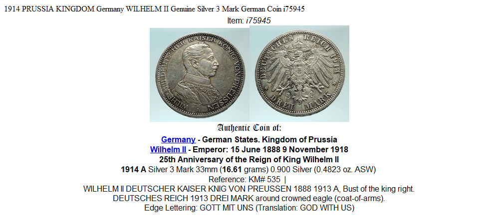 1914 PRUSSIA KINGDOM Germany WILHELM II Genuine Silver 3 Mark German Coin i75945