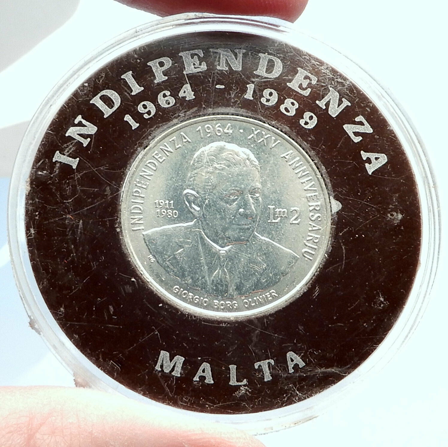 1989 MALTA Independence Prime Minister GIORGIO BORG OLIVIER Silver Coin i74067