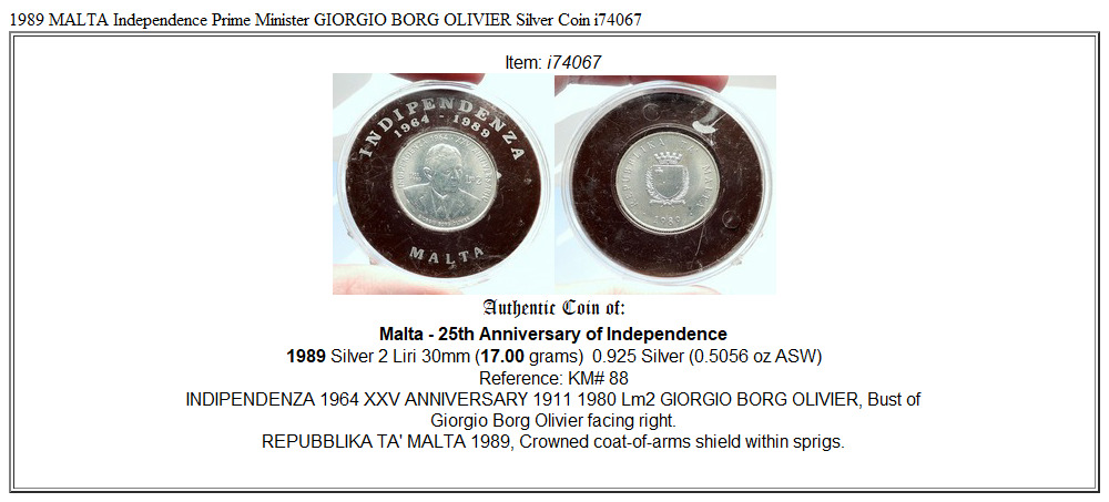 1989 MALTA Independence Prime Minister GIORGIO BORG OLIVIER Silver Coin i74067