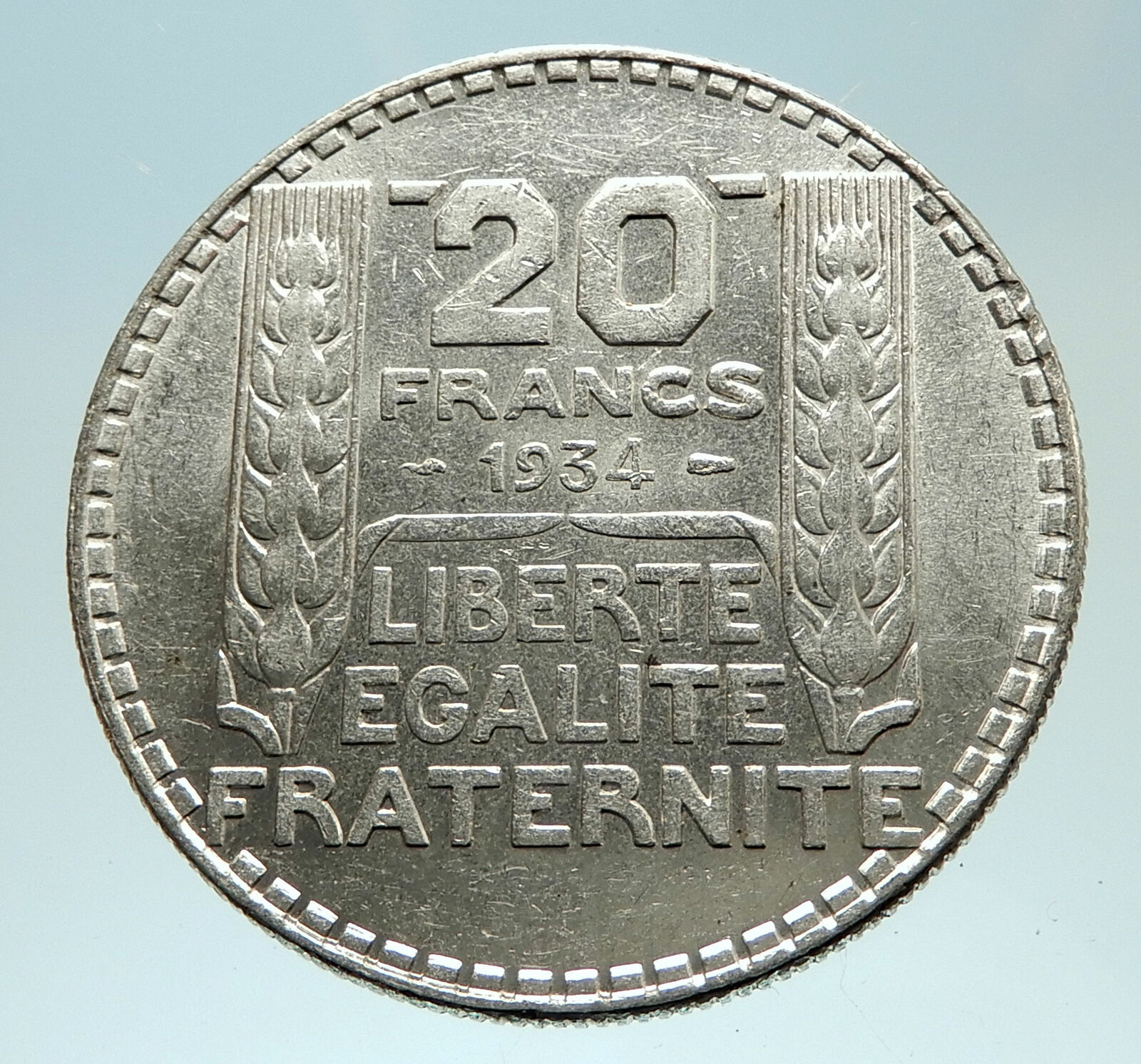 1934 FRANCE Authentic Large Silver 20 Francs Vintage French MOTTO Coin i76819