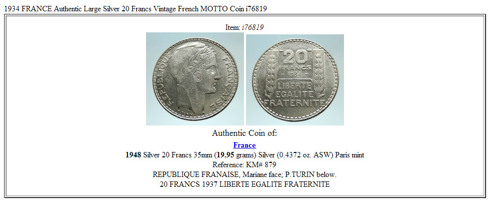 1934 FRANCE Authentic Large Silver 20 Francs Vintage French MOTTO Coin i76819