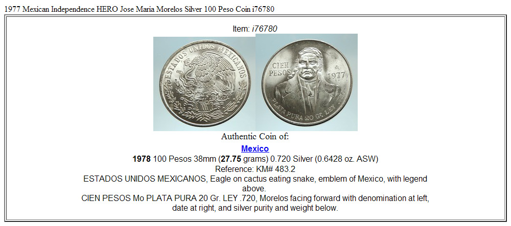 1977 Mexican Independence HERO Jose Maria Morelos Silver 100 Peso Coin i76780