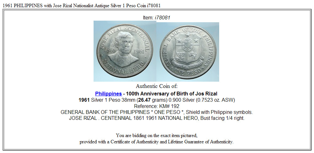 1961 PHILIPPINES with Jose Rizal Nationalist Antique Silver 1 Peso Coin i78081