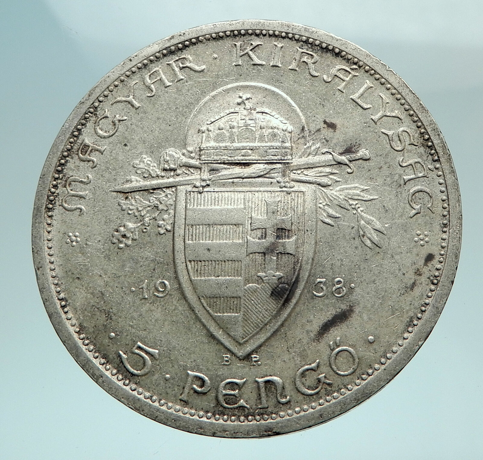 1938 HUNGARY King Saint Stephan Genuine Silver 5 Pengo Hungarian Coin i79747