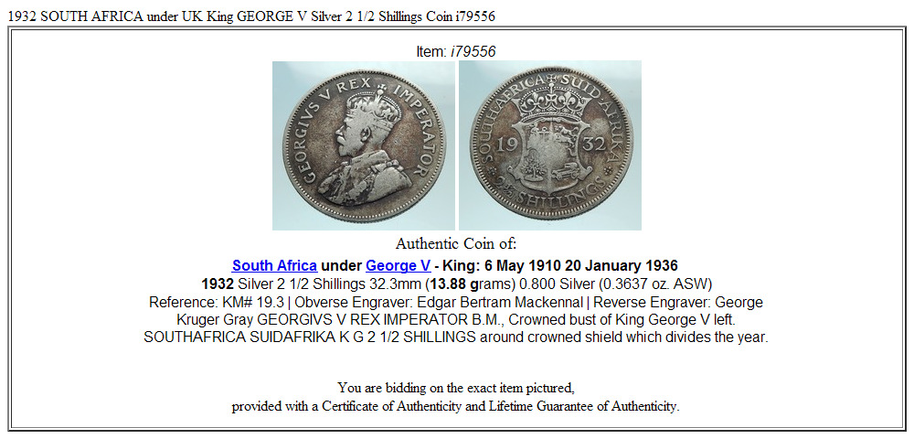 1932 SOUTH AFRICA under UK King GEORGE V Silver 2 1/2 Shillings Coin i79556