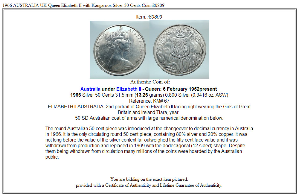 1966 AUSTRALIA UK Queen Elizabeth II with Kangaroos Silver 50 Cents Coin i80809