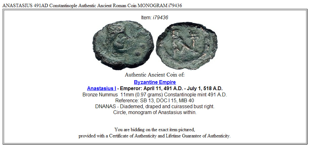 ANASTASIUS 491AD Constantinople Authentic Ancient Roman Coin MONOGRAM i79436