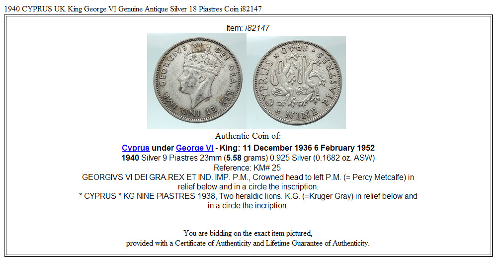 1940 CYPRUS UK King George VI Genuine Antique Silver 9 Piastres Coin i82147