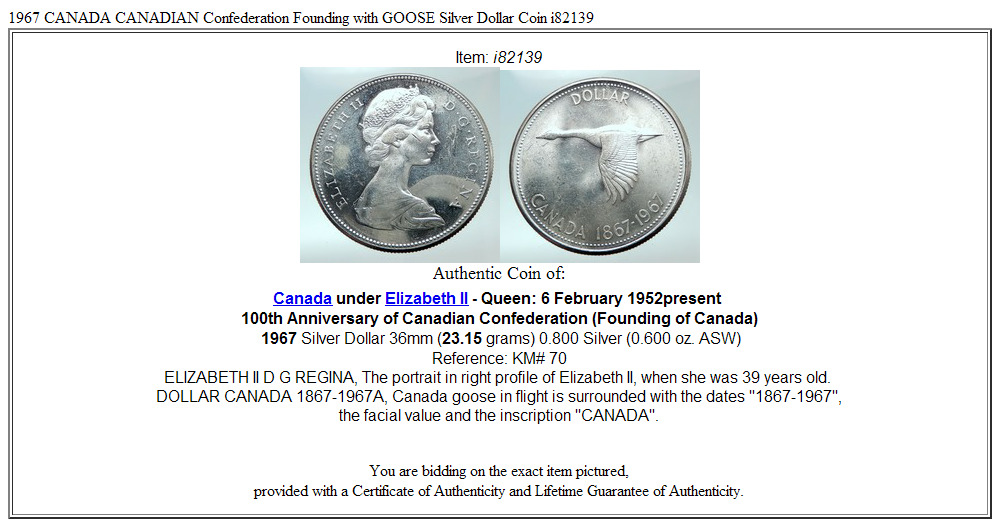 1967 CANADA CANADIAN Confederation Founding with GOOSE Silver Dollar Coin i82139