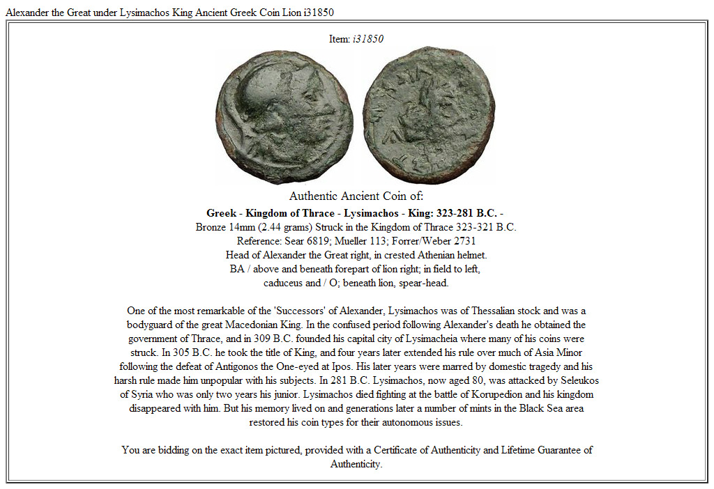 Alexander the Great under Lysimachos King Ancient Greek Coin Lion i31850