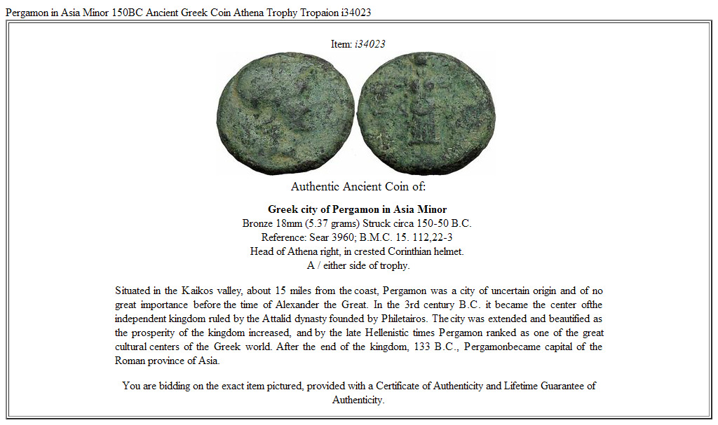 Pergamon in Asia Minor 150BC Ancient Greek Coin Athena Trophy Tropaion i34023