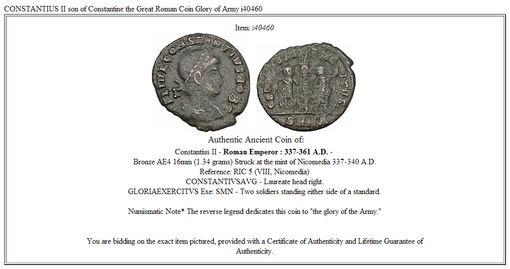 CONSTANTIUS II son of Constantine the Great Roman Coin Glory of Army i40460