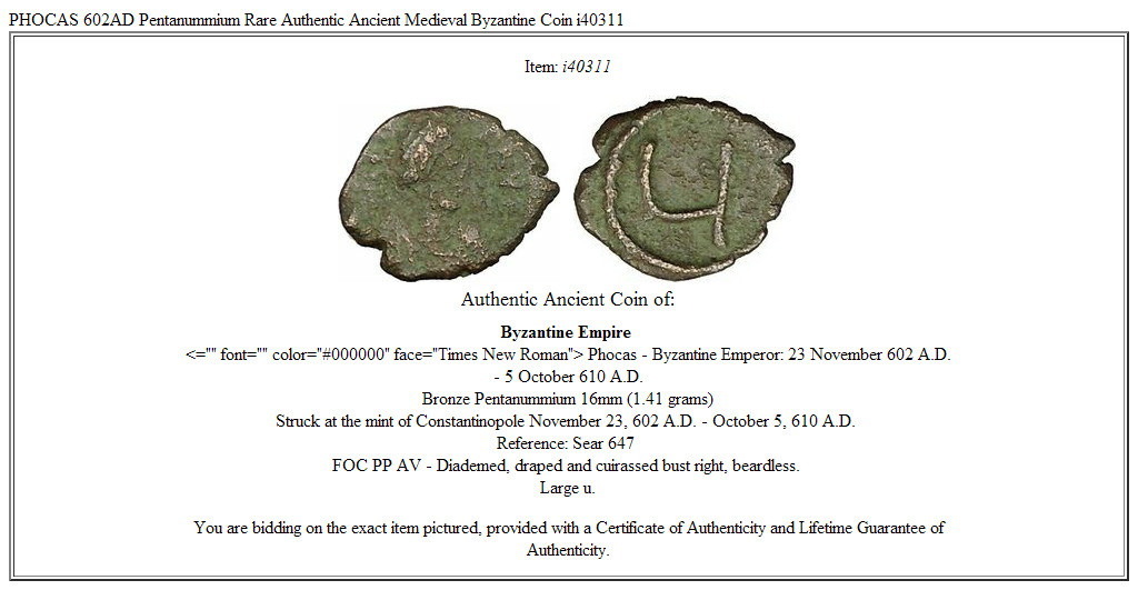 PHOCAS 602AD Pentanummium Rare Authentic Ancient Medieval Byzantine Coin i40311