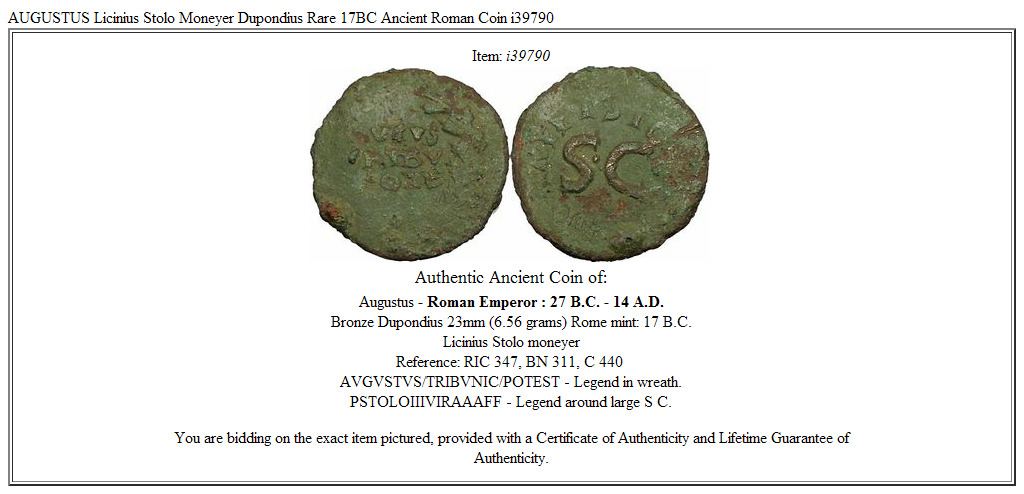 AUGUSTUS Licinius Stolo Moneyer Dupondius Rare 17BC Ancient Roman Coin i39790