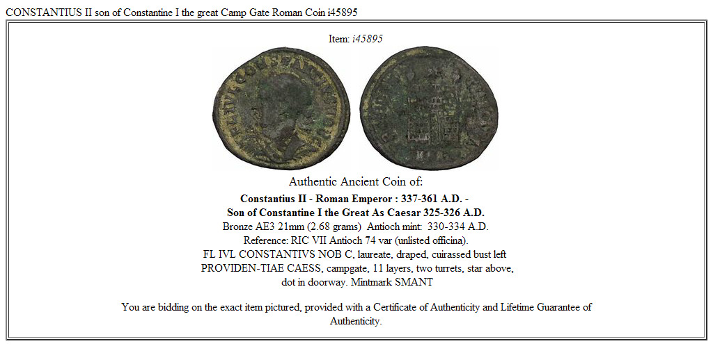 CONSTANTIUS II son of Constantine I the great Camp Gate Roman Coin i45895