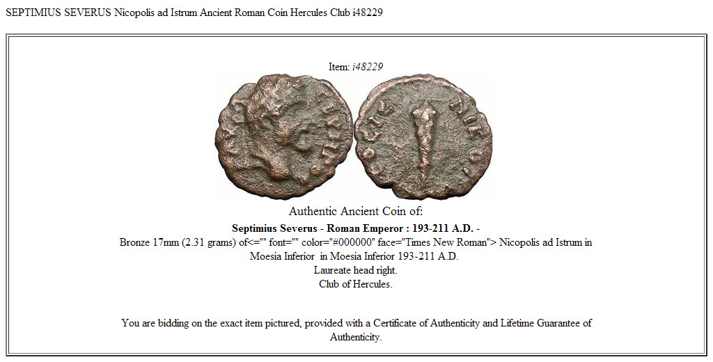 SEPTIMIUS SEVERUS Nicopolis ad Istrum Ancient Roman Coin Hercules Club i48229
