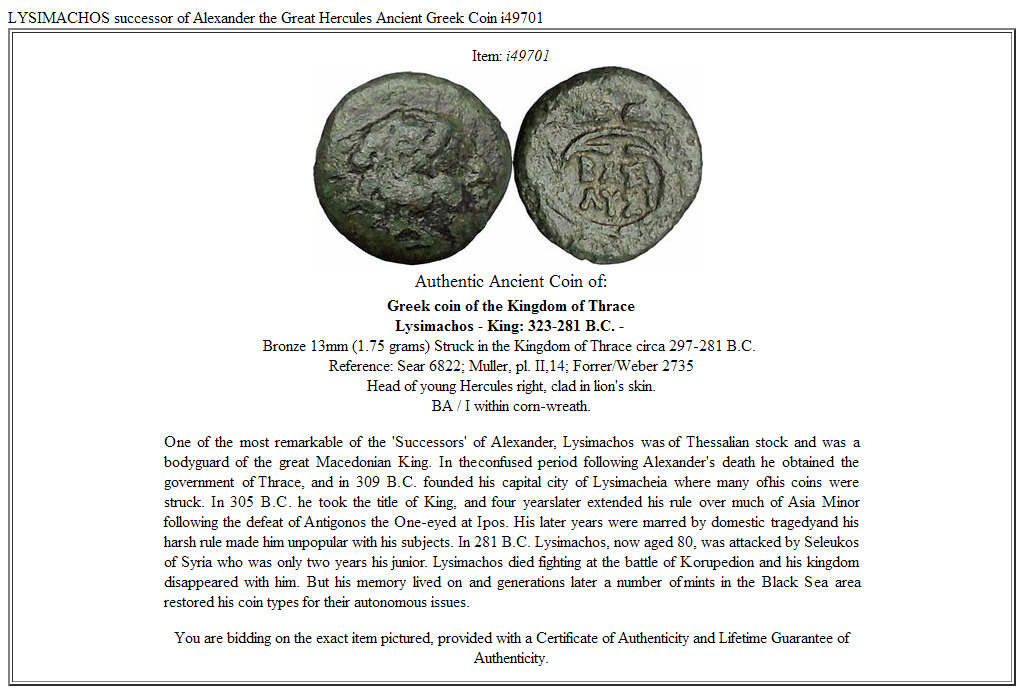 LYSIMACHOS successor of Alexander the Great Hercules Ancient Greek Coin i49701