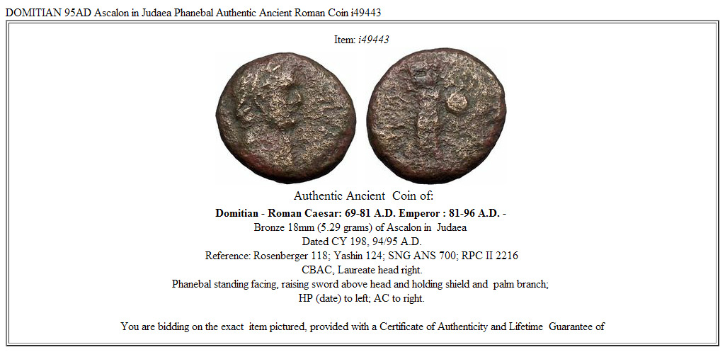 DOMITIAN 95AD Ascalon in Judaea Phanebal Authentic Ancient Roman Coin i49443