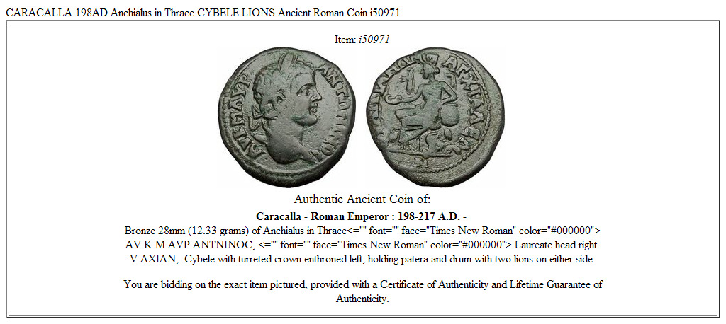 CARACALLA 198AD Anchialus in Thrace CYBELE LIONS Ancient Roman Coin i50971