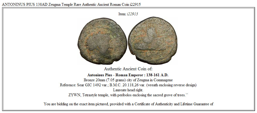 ANTONINUS PIUS 138AD Zeugma Temple Rare Authentic Ancient Roman Coin i22915