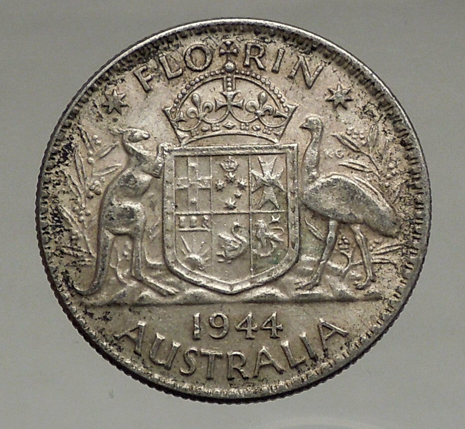 1944 AUSTRALIA - FLORIN Large SILVER Coin King George VI Coat-of-Arms i56696